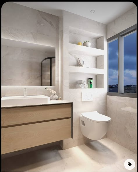 Toilet Built Into Vanity, Bathrooms With Built In Shelves, Tiled Shelves In Bathroom, Built In Over Toilet, Bathroom In Wall Shelves, Bathroom Storage Shelves Built In, Floating Toilet Bathroom, Wall Shelves In Bathroom, Built In Around Toilet