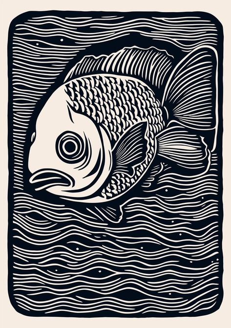 Wave Reference, Fish Linocut, Linocut Prints Art, Line Art Projects, Woodcut Illustration, Lino Cuts, Linocut Printmaking, Linocut Art, Cool Wall Art