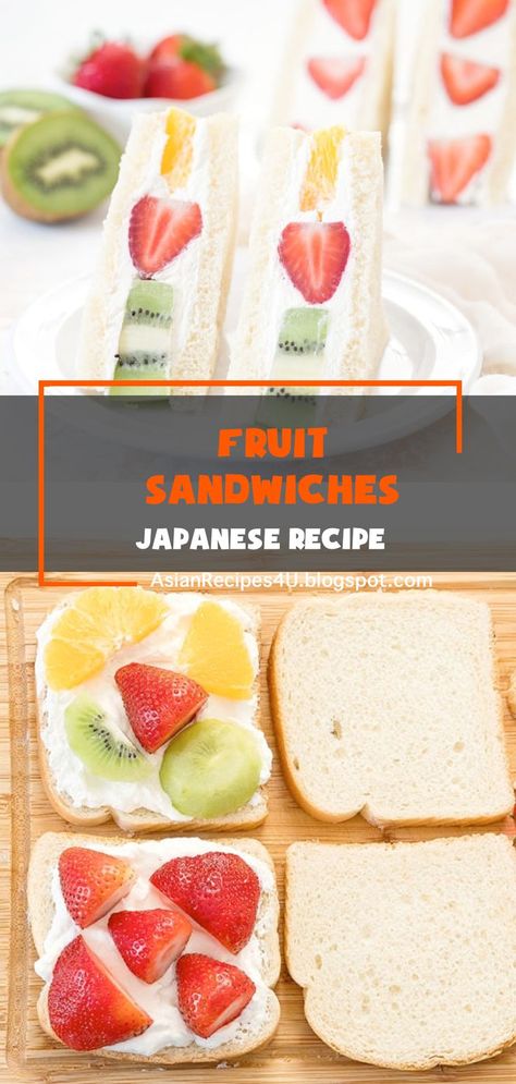 Japanese fruit sandwiches, also known as fruit sando, can be found in bakeries all over Japan but they can also be easily made at home. The unique sandwiches are made with pillowy bread, filled with whipped cream and fresh fruit. #Japanese #Recipes #Fruit Japanese Sando Recipe, Japanese Food Recipes Breakfast, Japanese Fruit Sandwiches, Unique Sandwiches, Fruit Sando, Fruit Sandwiches, Yummy Asian Food, Japanese Fruit, Fruit Sandwich