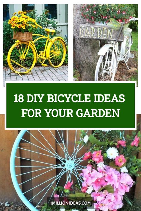 18 DIY Bicycle Ideas For Your Garden Bike Wheels In The Garden, Bike Tire Crafts, Vintage Bike Decor, Bicycle Wheel Decor, Diy Bicycle, Bike Planter, Upcycled Bike, Bike Decorations, Bicycle Ideas