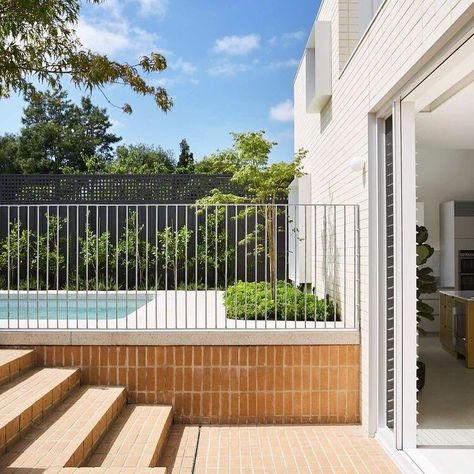 Brick threshold Hinterland House, Clare Cousins, Backyard Renovation, Pool Fencing, Living Pool, Pool Landscape Design, Pool Fence, Living Modern, Street House