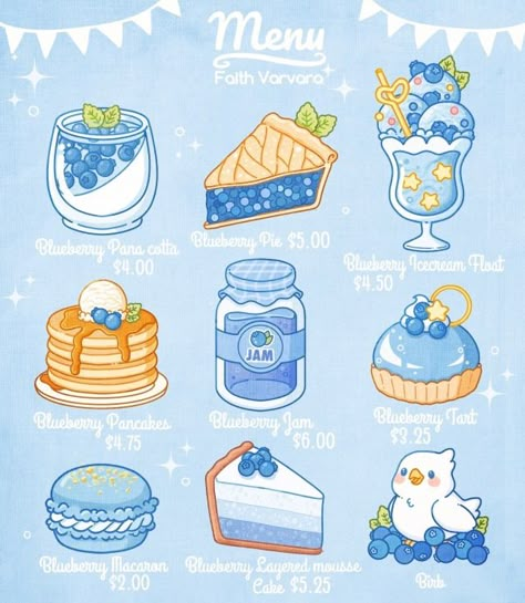 More blue menu illustration , If you didn’t know my favourite colour is blue!🌊 Seni Resin, Menu Illustration, Hiasan Bilik Tidur, 귀여운 음식 그림, Arte Do Kawaii, Desain Buklet, Cute Food Drawings, Japon Illustration, Food Drawings