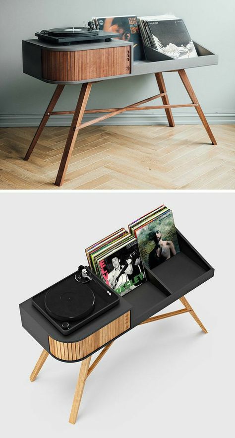 Turntable Table Ideas, Furniture For Vinyl Records, Furniture For Turntable, Music Furniture Ideas, Vinyl Record Holder Ideas, Record Player Console Table, Record Player Display Ideas, Turn Table Setup, Music Furniture Design