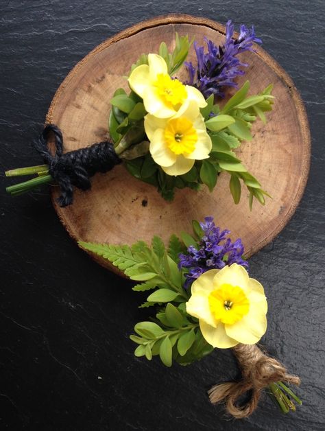 Spring wedding buttonholes Wedding Buttonholes, Button Holes Wedding, Beautiful Haircuts, April Wedding, Yellow And Purple, Button Holes, Button Hole, Spring Wedding, Wedding Stuff