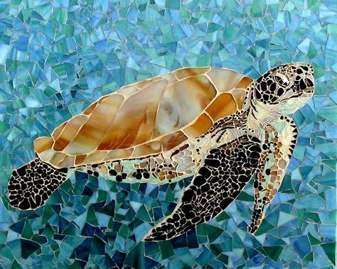 mosaic, handmade Mosaic Sea Life, Turtle Mosaic, Sea Turtle Artwork, Sea Glass Mosaic, Mosaic Animals, Glass Pool, Roman Mosaic, Mosaic Art Projects, Mosaic Tile Art