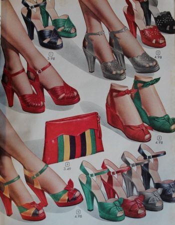 1940s womens shoes,, colorful peep toe heel, 1948 1950s Shoes, 1940s Shoes, Historical Shoes, Fashion 1940s, Shoes Ads, Humphrey Bogart, 40s Fashion, Retro Shoes, 1940s Fashion