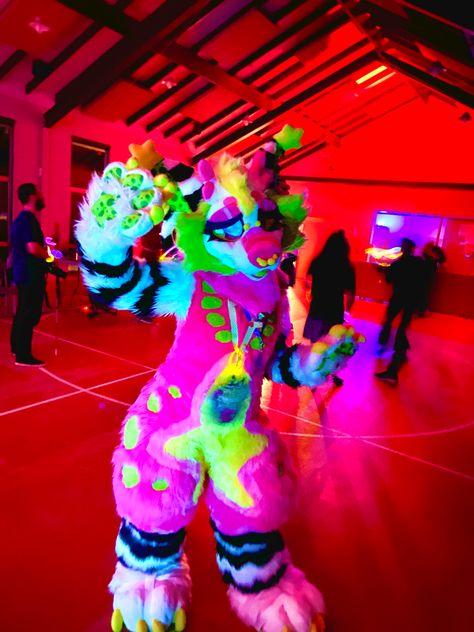 fursuit maker is matchapawz! Clown Fursuit, Kidcore Fursuit, Synth Fursuit, Green Fursuit, Cool Fursuits, Kandi Kid Aesthetic, Sparkle Dog Fursuit, Sparkledog Fursuit, Colorful Fursuits