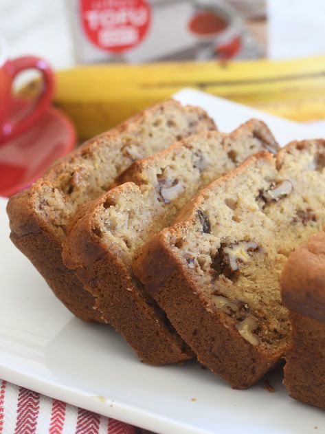 This vegan tofu banana bread is so moist and soft that you wouldn't even guess that it's made with no eggs nor dairy. Made with Mori-Nu Silken Tofu! @Morinutofu #morinu_partner #morinutofu #shelfstable #sponsored Soft Tofu Dessert Recipes, Silken Tofu Muffins, Tofu Dessert Recipes Healthy, Soft Tofu Dessert, Soft Tofu Recipes Desserts, Silken Tofu Recipes Dessert, Silken Tofu Dessert, Tofu Dessert, Silken Tofu Recipes