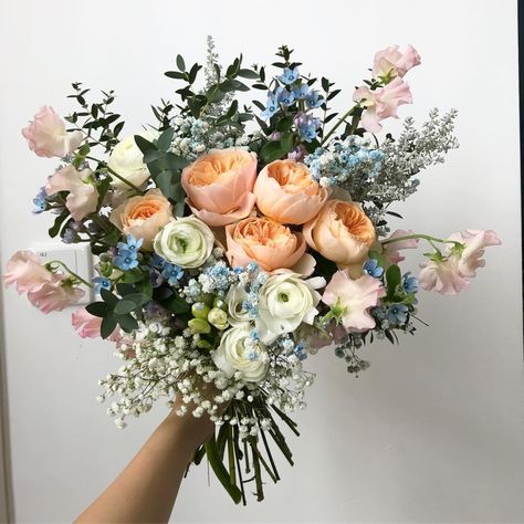 Olive Green And Peach Wedding, Blue Green Peach Wedding, Baby Blue And Peach Wedding, Peach And Blue Wedding Flowers, Dusty Blue And Peach Wedding Theme, Light Blue And Peach Wedding, Blue And Peach Bouquet, Peach And Blue Wedding Flowers Centerpieces, Blue White And Peach Bridal Bouquet