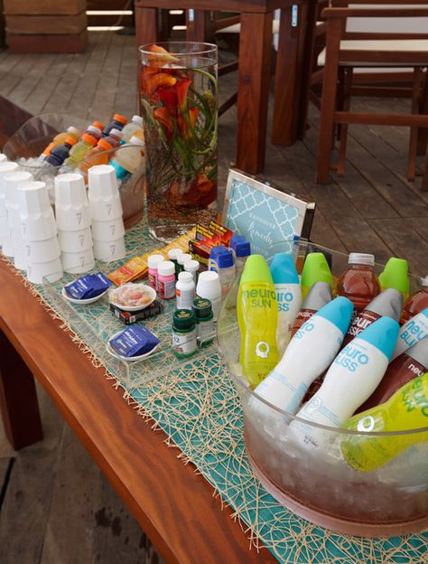 hangover station at brunch Hangover Brunch Party, Hangover Station Bachelorette, Hangover Station, Hangover Bar, Hangover Breakfast, Belize Wedding, Hydration Station, Hangover Kit, Hens Party