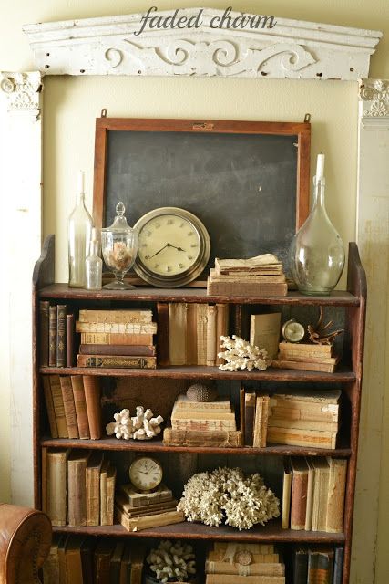 Book Shelving, Vintage Book Decor, Books Decor, Bookcase Styling, Bookcase Decor, Eclectic House, Bookshelf Decor, Country Farmhouse Decor, Natural Elements