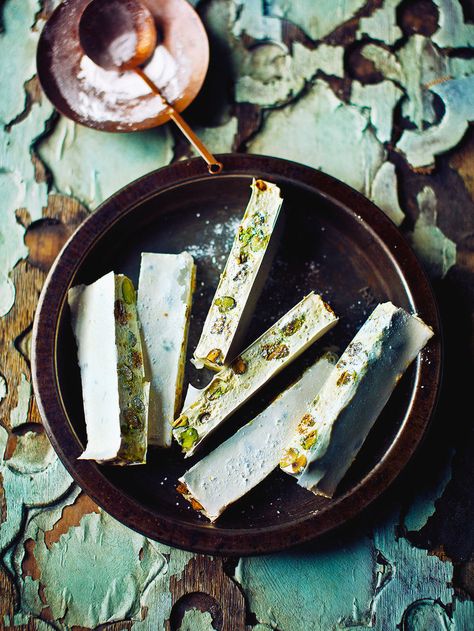 Pistachio, Lemon & Thyme Nougat | Jamie Oliver Pistachio Nougat, Nougat Recipe, Lemon Thyme, Pistachios Nuts, Christmas Fruit, Fruit Gifts, Christmas Food Desserts, Edible Gifts, Baking Tins