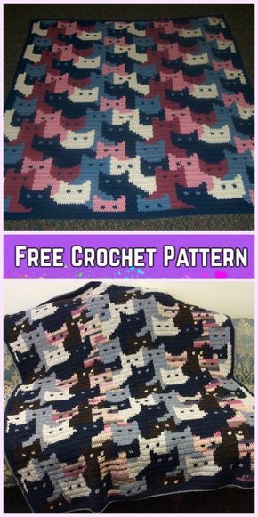 Crochet Cat Afghan Blanket Free Crochet Pattern Cats Afghan, Cat Afghan, Motifs Afghans, Kat Haken, Afghan Crochet Pattern, Crochet Cats, Crochet Cat Pattern, Crochet For Beginners Blanket, Confection Au Crochet