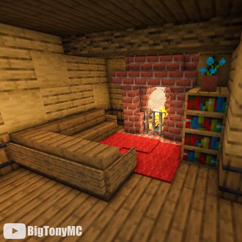 A cozy seat by the fireplace in this Minecraft cottage. Visit the link for the full build on my YouTube channel! Minecraft House Interior Living Rooms, Minecraft House Fireplace, Minecraft Seating Ideas, Cozy Minecraft Houses Interior, Cute Minecraft Fireplace, Cozy Interior Minecraft, Minecraft Interior Fireplace, Minecraft Fireplace Ideas Cottage, Minecraft Seats