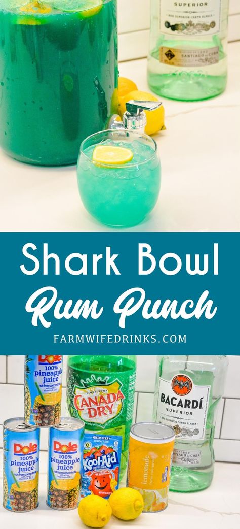 Blue Rum Punch Bowl is like the shark bowls from college made with pineapple juice, lemonade, blue raspberry kool-aid, and rum. Run Punch, Shark Bowl, Punch Bowl Drinks, Jungle Juice Recipe, Bowl Cocktails, Alcoholic Punch Recipes, Rum Punch Recipes, Lemonade Punch, Fruit Juice Recipes