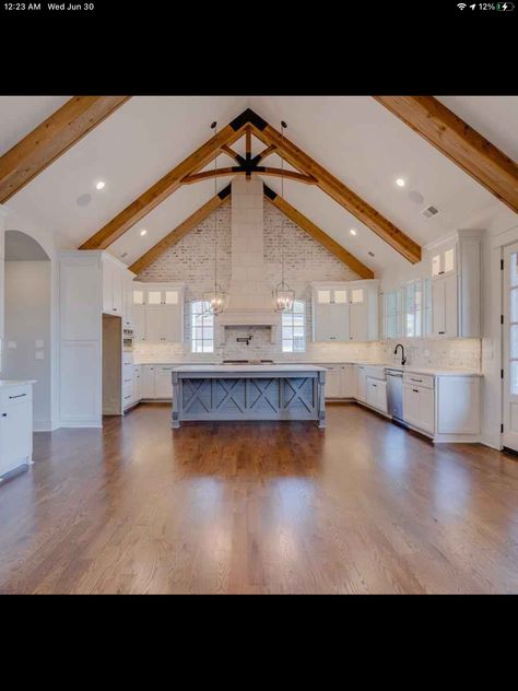 Farmhouse Vaulted Ceiling Kitchen, White Kitchen Cathedral Ceiling, Open Ceiling Barndominium, Kitchen With Gabled Ceiling, Kitchen With Cathedral Ceiling Open Floor, Island Lighting Cathedral Ceiling, Kitchen With Vaulted Ceiling And Beams, 14ft Vaulted Ceiling, Lighting With Vaulted Ceilings