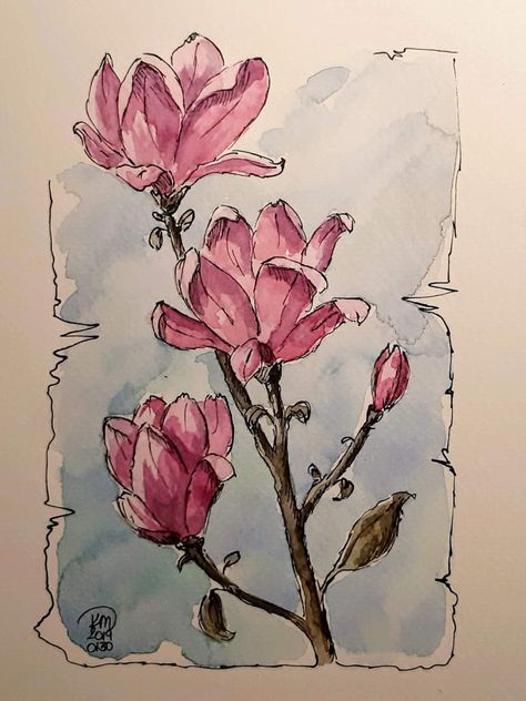 Flowers Pen Drawing, Acrylic Pens Painting, Watercolor And Pen Flowers, Sketchbook Art Inspiration For Beginners, Watercolour Line Art, Watercolor Pencil Flowers, Watercolour Pen Art, Pen And Watercolor Flowers, Acuarela Aesthetic