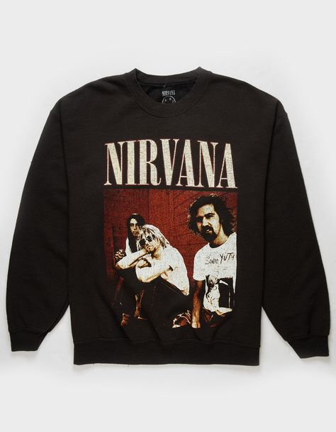 Nirvana Crewneck Sweatshirt. Large Distressed Graphic Screened On Front. Ribbed Crew Neckline. Cuffed Long Sleeves And Hem. Fleece Lining. Pilling On Fabric Surface To Create A Lived In Look. 50% Cotton, 50% Polyester. Machine Wash. Imported. Nirvana Crewneck, Nirvana Sweatshirt, Mens Crewneck, Pretty Shoes Sneakers, Mens Crewneck Sweatshirt, Fit Ideas, Band Merch, Drawing Clothes, Pretty Shoes