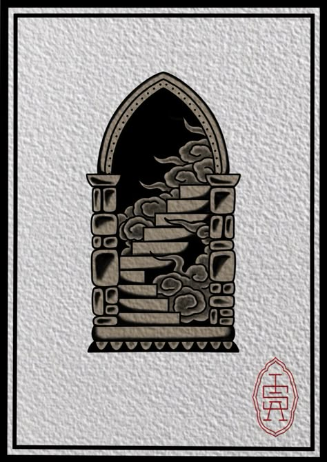 Door To Space Tattoo, Burning Tower Tattoo, Portal Door Tattoo, Traditional Portal Tattoo, Clock Tower Tattoo, Open Door Tattoo, Archway Tattoo, Stairway Tattoo, Doorway Tattoo