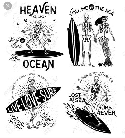 Surf ocean skeleton tattoo ideas Surfing Tattoo, Black And White Mermaid, Surfer Tattoo, Max Logo, Surf Tattoo, Surf Logo, Mermaid Illustration, Skeleton Tattoos, Tattoo Ideas For Men