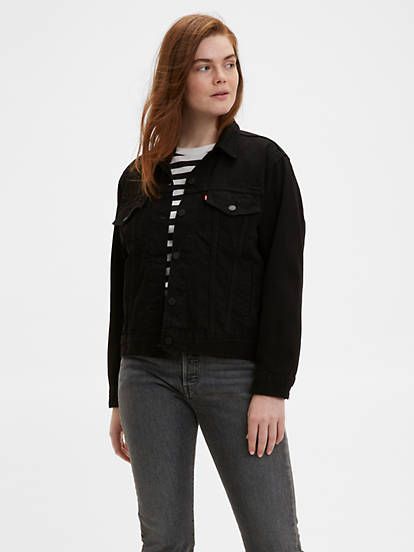 Ex-boyfriend Trucker Jacket - Black | Levi's® US Sherpa Denim Jacket Outfit, Levis Ex Boyfriend Trucker Jacket, Black Denim Jacket Outfit, Black Sherpa Jacket, Fur Lined Denim Jacket, Trucker Jacket Women, Levi Denim Jacket, Boyfriend Jacket, Denim Jacket Outfit