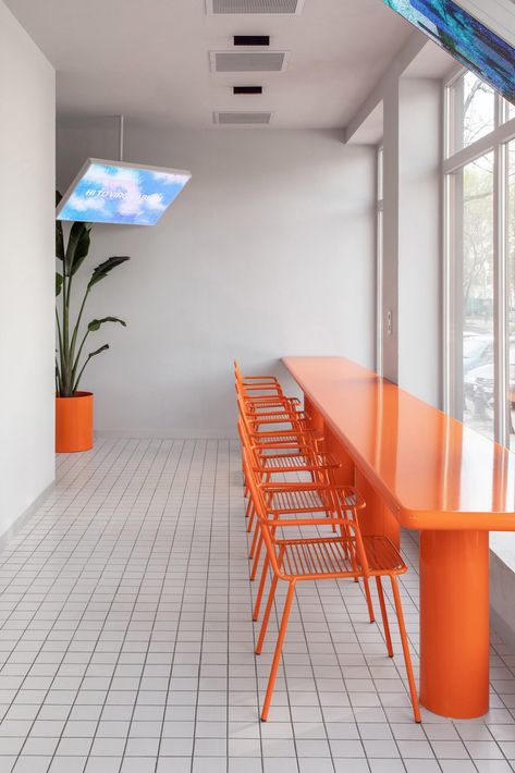 Orange Furniture, Printed Tile, Cafe Shop Design, Orange Interior, Orange Decor, Cafe Interior Design, Design Del Prodotto, Modular Furniture, Restaurant Interior