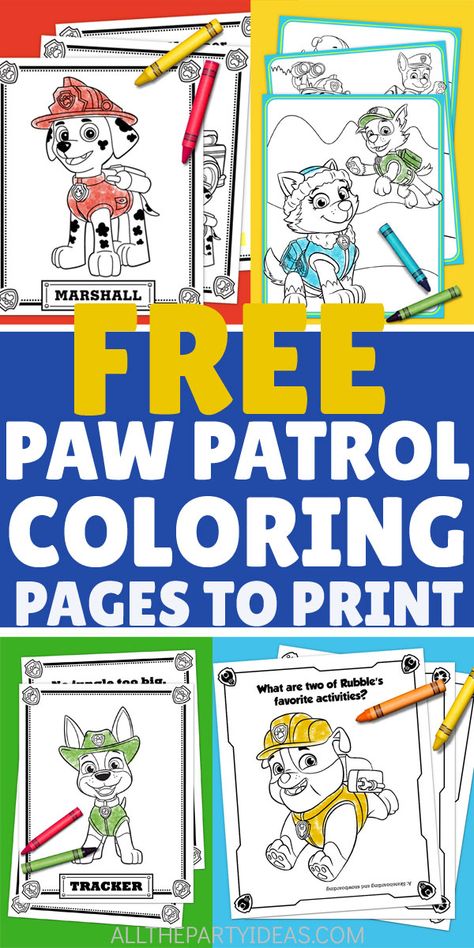 Free PAW PATROL COLORING PAGES perfect for girls and boys kids birthday party or toddler preschool crafts, games & learning activities. Printable DIY colouring sheets featuring characters Ryder, Chase, Marshall, Rubble, Rocky, Skye, Everest, Zuma & Tracker. Badge pup tags templates, alphabet letters, numbers, logo & more #pawpatrol #pawpatrolparty #coloringpages #freecoloringpages #freeprintables Paw Patrol Community Helpers, Paw Patrol Printables Free, Paw Patrol Party Games, Numbers Logo, Paw Patrol Games, Paw Patrol Printables, Rubble Paw Patrol, Activities Printable, Summer Camp Crafts