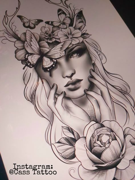 Nature Goddess Tattoo Design for Women | Goddess tattoo, Badass tattoos, Girly tattoos Butterfly Goddess Tattoo, Butterfly Over Face Tattoo, Nature Lady Tattoo, Woman Butterfly Face Tattoo, Womans Face Tattoo Design, Tattoo Sleeve Designs Women, Woman’s Tattoos, Butterfly Lady Tattoo, Nature Goddess Tattoo