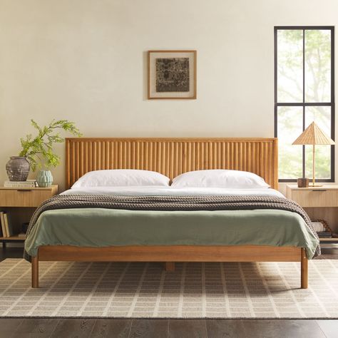 Middlebrook Designs Transitional Solid Wood King Bed - Bed Bath & Beyond - 40164126 Home Made Bed Frames Wood, Reeded Headboard, King Wood Bed Frame, Japandi Bed Frame, Light Wood Bed Frame, Bedframe Ideas, Japandi Bed, Wood King Bed, Spanish Bedroom