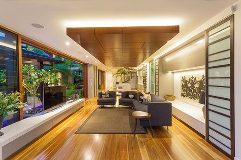 recessed lighting behind floating wood ceiling Home Gym Design Garage, Modern Tropical House, Tropical House Design, Caribbean Homes, Tropical Interior, Architecture Model Making, 5 Bedroom House, Tropical House, Modern Tropical