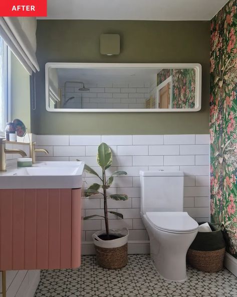 1930s Bathroom, Black And White Flooring, Green Tile Bathroom, Sage Green Paint, Wallpaper Paint, Bathroom Accent Wall, Green Sink, Beige Bathroom, Shower Fittings