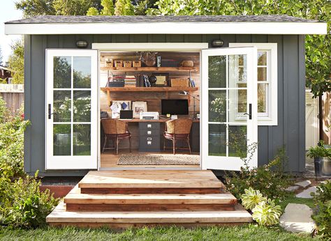 Separate your work from your home life with a backyard office. Learn how to turn an existing shed into an office, or build one from scratch. Backyard Shed Office, She Shed Office Ideas, Outdoor Office Shed, She Shed Exterior, She Shed Interior Ideas, She Shed Decorating Ideas, Shed Guest House, She Shed Interior, Office Shed