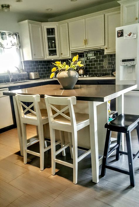 Ikea Stenstorp Kitchen Island Hack. We added grey quartz on top with more room to add a saddle bar stool. Ikea Kitchen Island With Seating, Kitchen Island With Seating For 4, Portable Kitchen Island, Ikea Kitchen Island, Small Kitchen Tables, Kitchen Island Bar, Small Kitchen Island, Kitchen Island Table, Stools For Kitchen Island