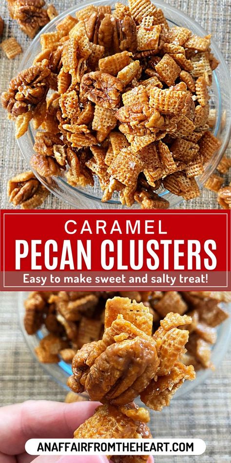 Close up of hand holding Caramel Pecan clusters. Caramel Pecan Clusters Recipe, Carmel Chex Mix Recipe, Fall Chex Mix Recipes, Caramel Chex Mix, Caramel Clusters, Chex Mix Recipes Sweet, Pecan Clusters, Sweet Chex, Fall Tailgating