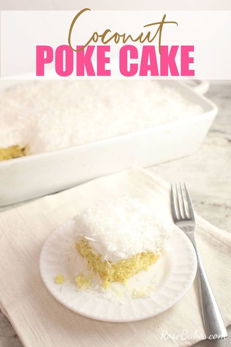 Slice of coconut poke cake on a white plate with the cake in a white baking dish in the background Easy Coconut Cake, Hawaiian Wedding Cake, Coconut Sheet Cakes, Coconut Poke Cakes, Coconut Cake Recipe, Coconut Frosting, Sour Cream Cake, Poke Cake, Cake Mix Recipes