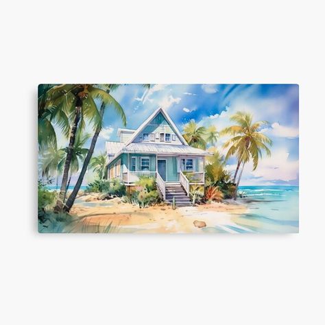 Artwork in the style of a watercolor painting of a tropical oasis featuring a charming beach cottage and palm trees in front of the ocean. (Digital artwork created with Generative AI and Photoshop.) • Millions of unique designs by independent artists. Find your thing. Beach House Painting, Beach Cottage Design, Florida Keys Beaches, Easy Doodles, Doodles Drawings, Tropical Oasis, Boat Art, Easy Doodles Drawings, Ocean Painting