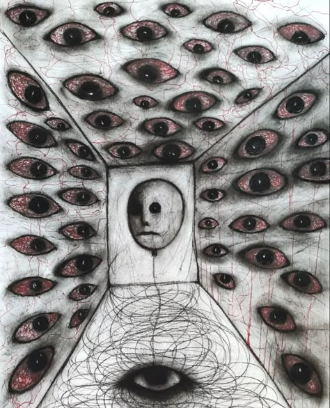 Scary Abstract Art, Dark Paintings Creepy Easy, Creepy Drawing Ideas Dark Art, Schizophrène Art, Creepy Eyes Drawing, Suffering Artwork, Scary Drawing Ideas, Eyes Horror, Trippy Tattoo