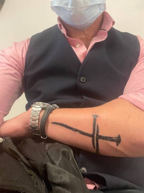 Three Nails Cross Tattoo, 3 Nails Cross Tattoo, Cross On Forearm Tattoo, Cross Forearm Tattoo Men, Forearm Cross Tattoo Men, 3 Crosses Tattoo Men, Nail Cross Tattoo, Cross Tattoo Forearm, Cross Tattoo Design