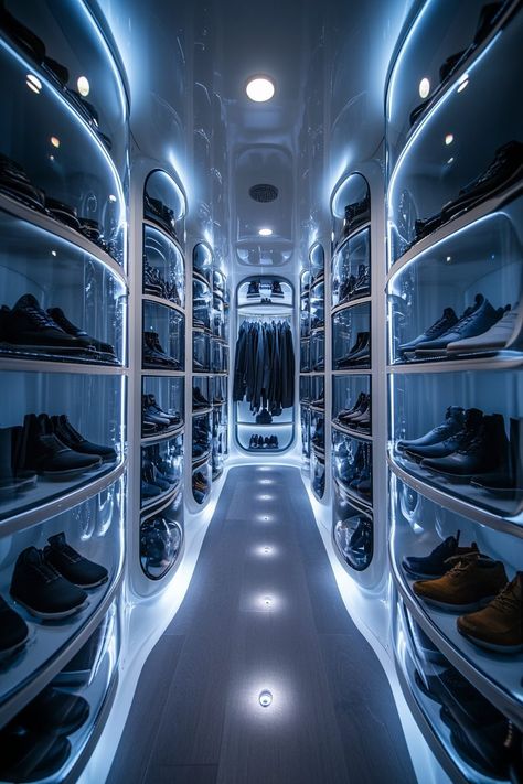 29 Shoe Storage Walk In Closet Ideas for a Perfectly Organized Space 29 Futuristic Closet, Shoe Storage Walk In Closet, Custom Shoe Storage, Shoe Carousel, Deep Closet, Walk In Closet Ideas, Shoe Drawer, Storage Pods, Sneaker Closet