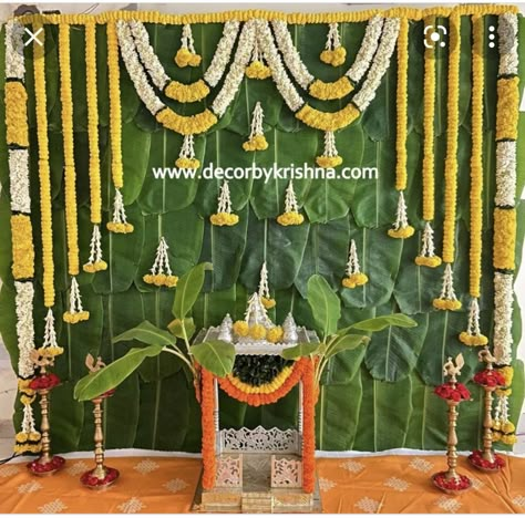 Home Decor For Function, Decoration For Satyanarayana Pooja, Satyanarayan Katha Decoration, Gruhapravesam Backdrop Decoration, Pooja Backdrop Decoration Diy At Home, House Warming Pooja Decoration, Pooja Decoration Backdrop, Satyanarayana Swamy Pooja Decoration, Background Flower Decoration For Pooja