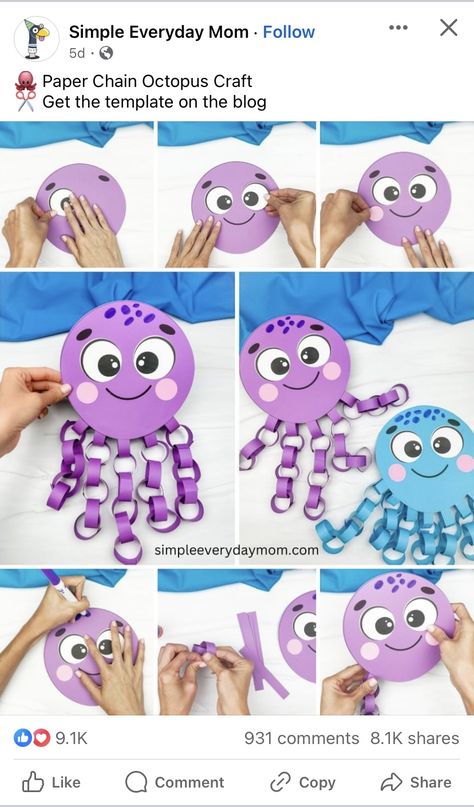 Fun Diy Kids Crafts, 1st Grade Crafts, Octopus Crafts, Babysitting Crafts, School Kids Crafts, Paper Chain, Vbs Crafts, Paper Chains, Daycare Activities