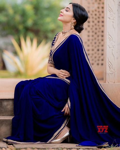 Parvati Nair, Moti Lace, Royal Blue Saree, Engagement Saree, Velvet Saree, Blue Silk Saree, Bridesmaid Saree, Pearl Work, Wedding Dress Outfit