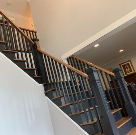 Black And Oak Staircase Stair Railing, Black And Brown Stairs, Oak And Black Staircase, Black And Wood Staircase, Modern Wood Stairs, Stairs Stained, Black Painted Stairs, Painted Stair Railings, Victorian Entry