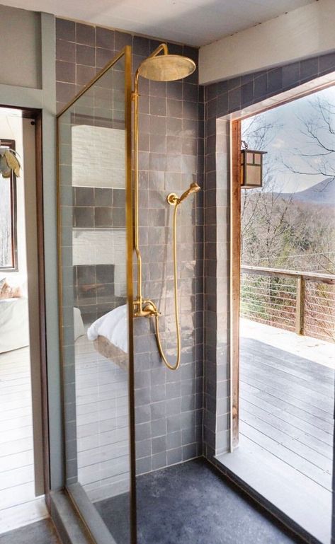 Brass Shower System, Industrial Style Bathroom, Copper Work, Bathroom Shower Walls, Artisan Tiles, Cle Tile, Gold Shower, Luxurious Showers, Brass Shower