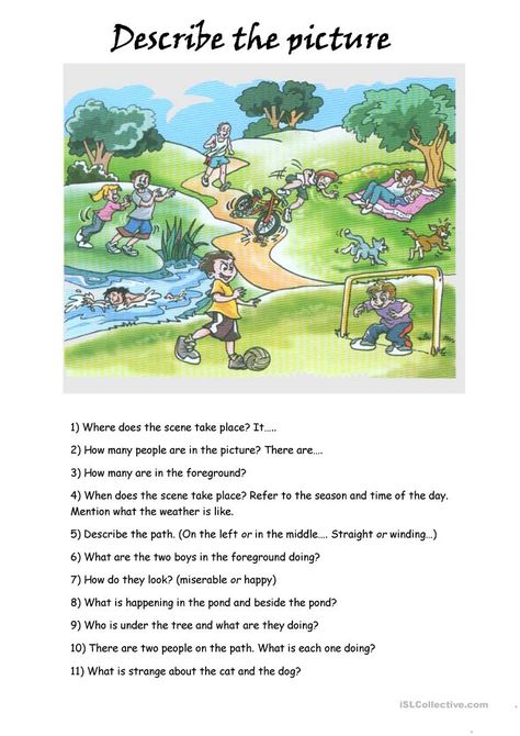 Describing a Picture worksheet - Free ESL printable worksheets made by teachers Picture Description Worksheets, Picture Comprehension, English Teaching Materials, Picture Composition, Learning English For Kids, English Grammar Worksheets, English Worksheets For Kids, Kids English, English Fun