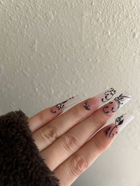 Inspo For Nails, Goth Nail Inspiration, Alt Y2k Nails, White Gothic Nails, Emo Halloween Nails, Gloomy Nails, Deathnote Nails, Nail Gem Ideas, Matte Nails Square