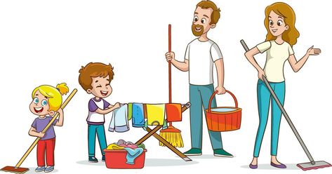 Happy family doing housework. Vector cartoon illustration of parents and children doing household chores. House Cartoon, House Clipart, House Chores, Family Help, Family Cartoon, Cartoon Boy, Vector Cartoon, Household Chores, Baby Family