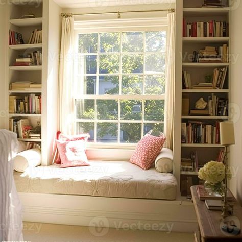 Window seat, interior design and comfort at home, reading nook with bookshelves and cushions, home decor in a country house, English cottage style, generative ai Window Seat Bay Window, Home Reading Nook, Window Seat With Bookshelves, Reading Nook Window Seat, Reading Nook Window, Window Seat Nook, Home Reading, Window Nook, Morning Room