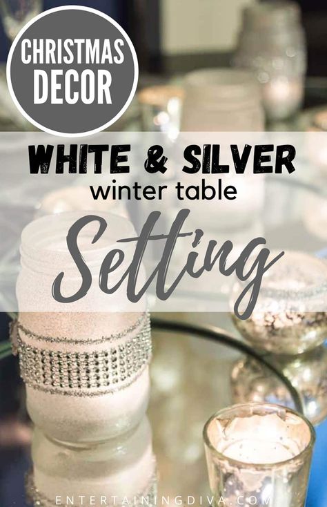 Create a stunning winter holiday tablescape with these white & silver table setting decoration ideas. Get inspired with this stunning list of the best white & silver Christmas table setting ideas! Silver Christmas Table Settings, Silver Tablescape, Winter Themed Party, Frosted Glass Candle Holder, Winter Table Setting, Dreamy Christmas, Winter Table Decor, Halloween Table Settings, Winter Tablescapes