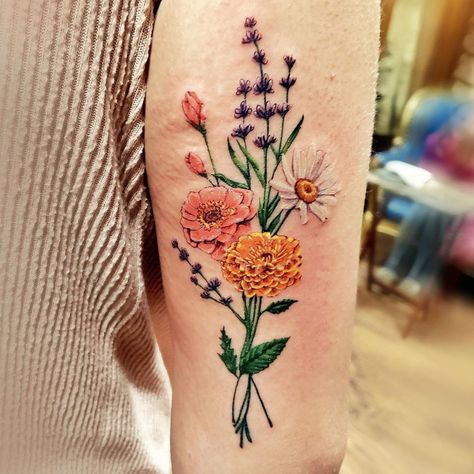 Vintage Flower Bouquet Tattoo, Flower Bouquet Tattoo Inner Arm, Wild Flower Garden Tattoo, Vintage Bouquet Tattoo, Large Bouquet Tattoo, Colored Bouquet Tattoo, Realistic Flower Bouquet Tattoo, Wild Flower Tattoo Color, Colorful Bouquet Tattoo